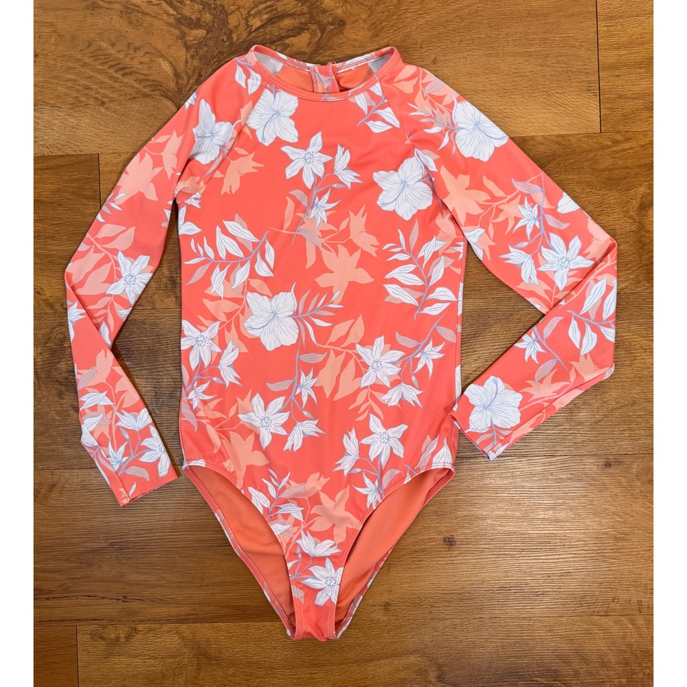 ROXY Girl Long Sleeve Rash Guard Swimsuit One Piece Coral Floral Size 14 16